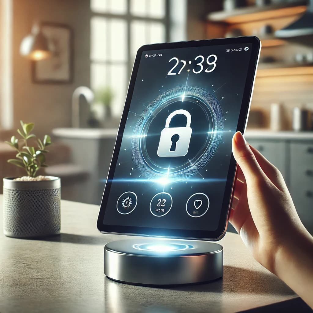 A smart home device displays a lock icon on its screen